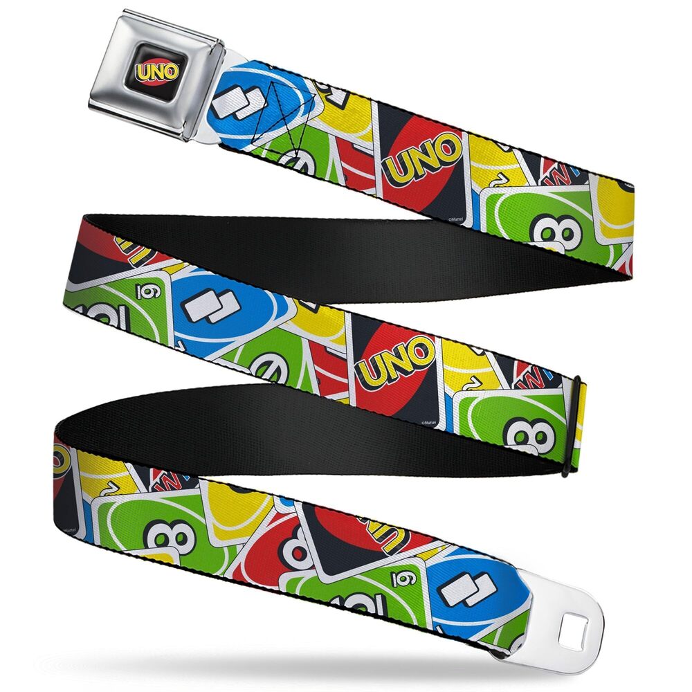 2403 Mattel Belt, Seatbelt Buckle Belt, UNO Cards Stacked Collage Multi